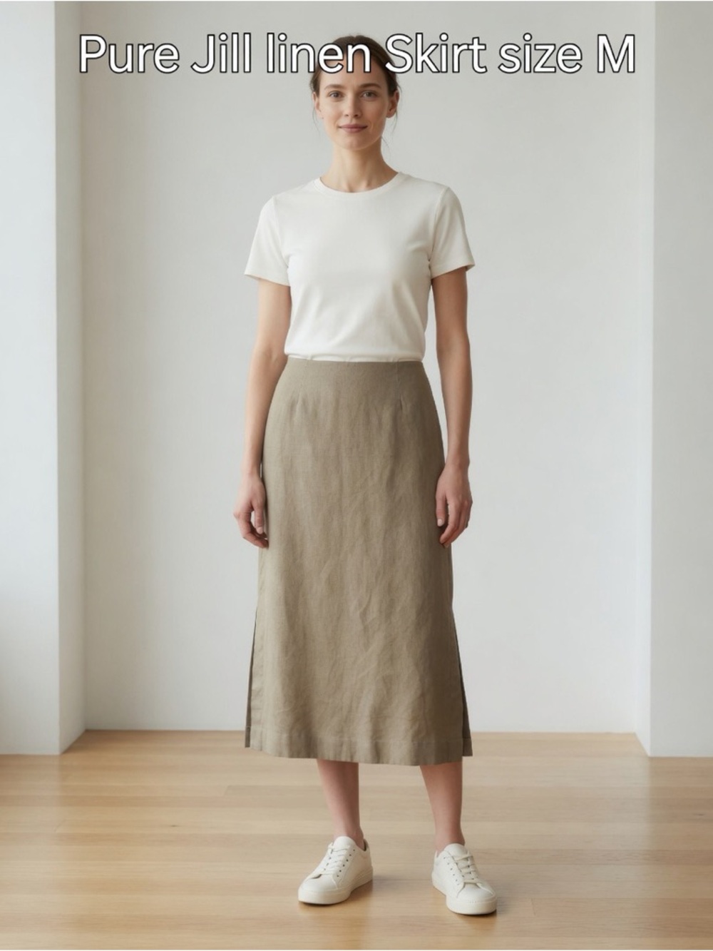 Pure Jill 100% Linen Midi Skirt with Elastic Waist & Side Slits Size M